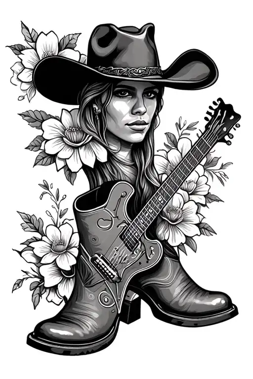 cowboy hat boots guitar flowers tattoo design idea