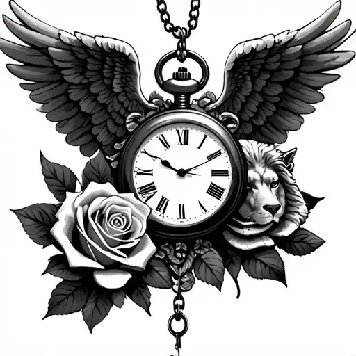 pocket watch with two angel wings and lion and rose tattoo design idea