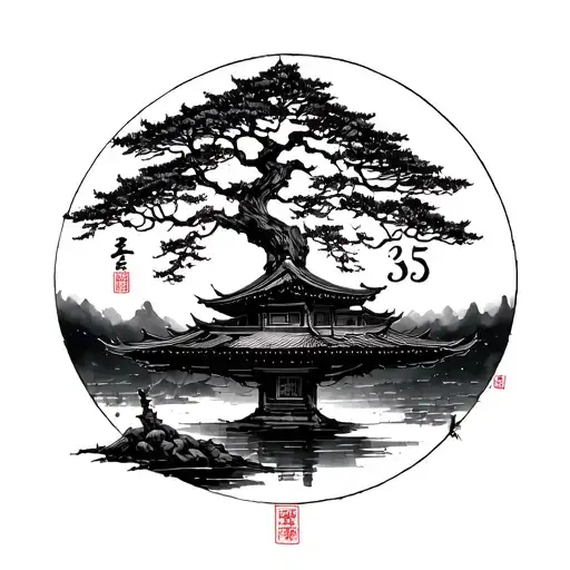 Create an Japense traditional with a Japanese Abandoned with the number 35 and a poison tree( a tree with no leafs) tattoo design idea