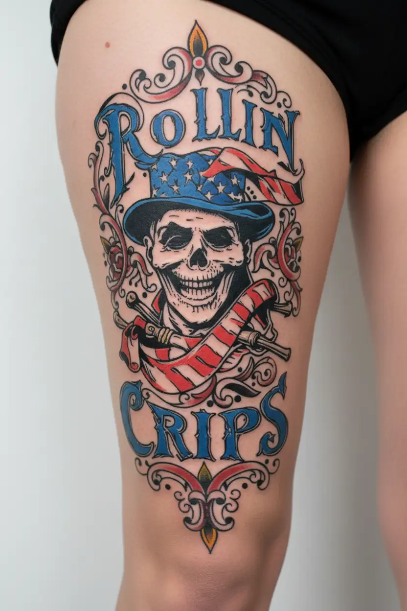 Gang name Rollin Crips main color is blue tattoo design idea