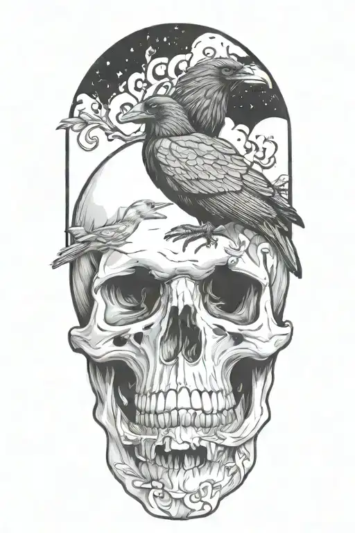 raven on skull with gothic background tattoo design idea