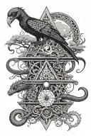 tree snake pyramid crow waterfalls eyeball wheelchair sun moon whale dragon emersing tattoo design idea