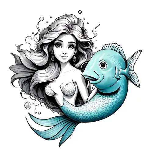 little mermaid and flounder tattoo design idea