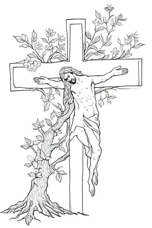 Jesus on cross with a tree and flowers growing tattoo design idea