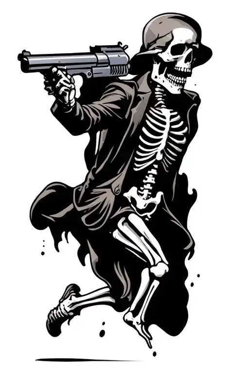 I want a tradtional style black and grey tattoo of a running skeleton shooting a pistol, based on the final scene of the tattoo design idea