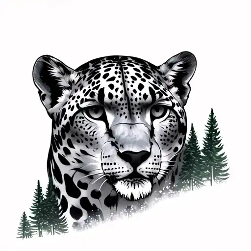 snow leopard with pine trees under and above it tattoo design idea