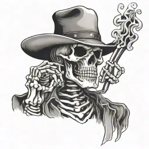 skeleton cowboy smoking a cigarette with zach bryan lyrics intertwined tattoo design idea