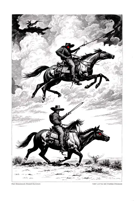 nebulous and storming sky, a cowboy see ghost riders in the sky hunting some cattle with red eyes tattoo design idea