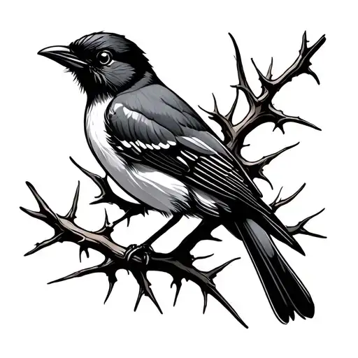 Shrike Bird on thorn branch tattoo design idea