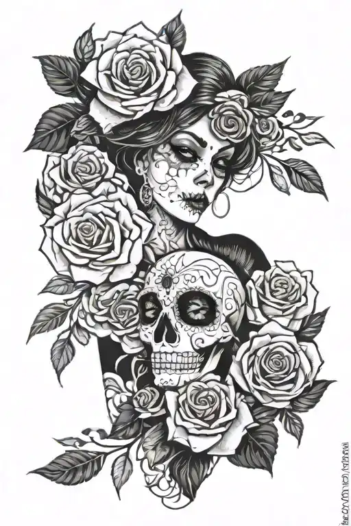 open wound long add roses and muertos girl tattoo design idea