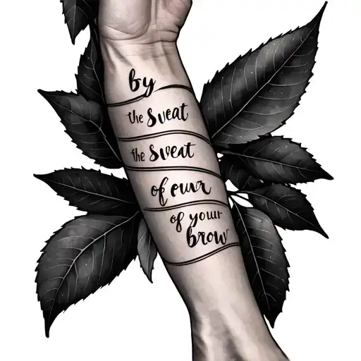 Forearm wrap around tattoo of an olive branch with “by the sweat of your brow” written in hebrew tattoo design idea