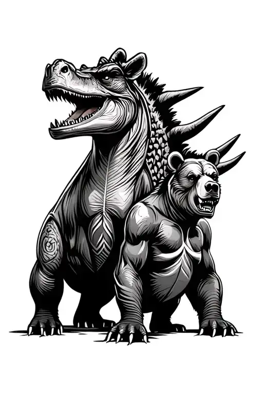 aggressive triceratops and aggressive brother bear with tribal background  tattoo design idea