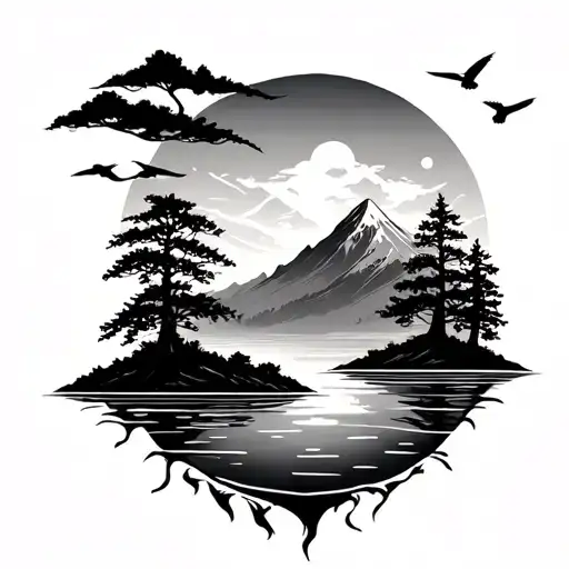 smaller design with water underneath, some trees, maybe a mountain and a few birds above  tattoo design idea