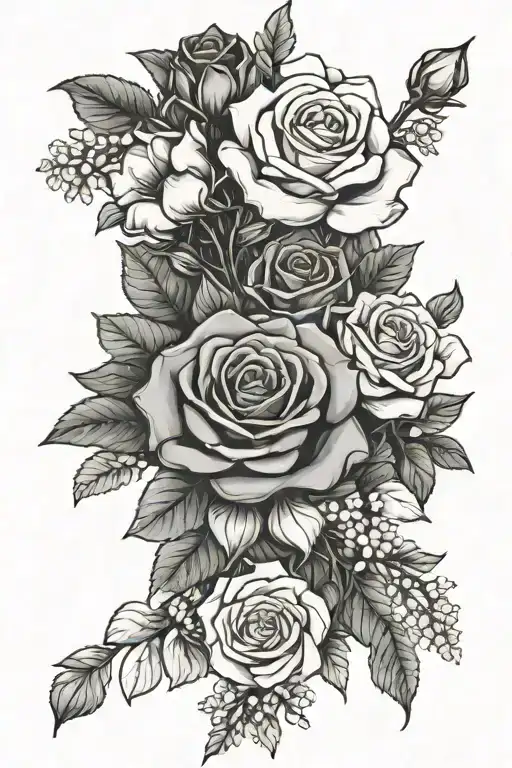 rose and lilac bouquet with bleeding hearts tattoo design idea