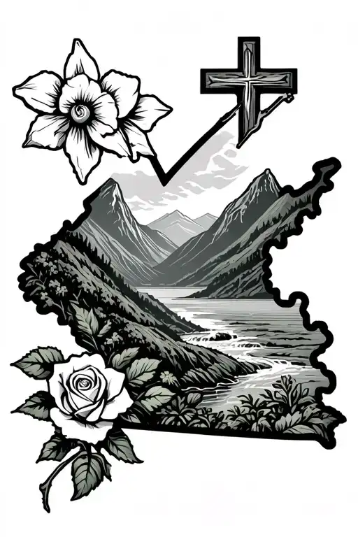 state of west virginia outline, rolling mountains, stream, roses, daffodils, cross tattoo design idea