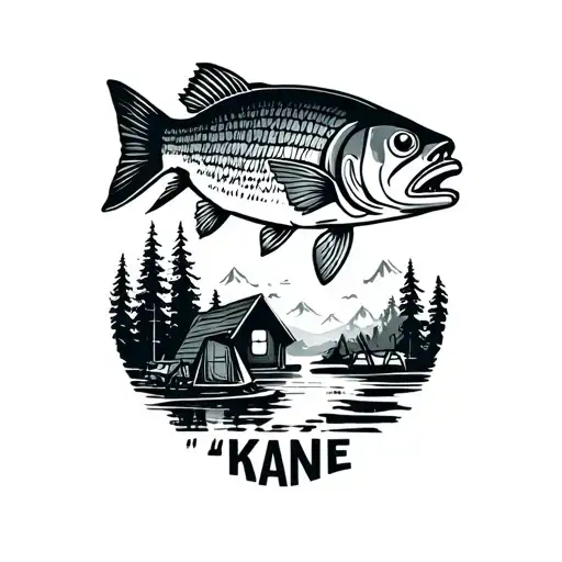 "kane " Bass Fish with camping scene featuring a egale tattoo design idea