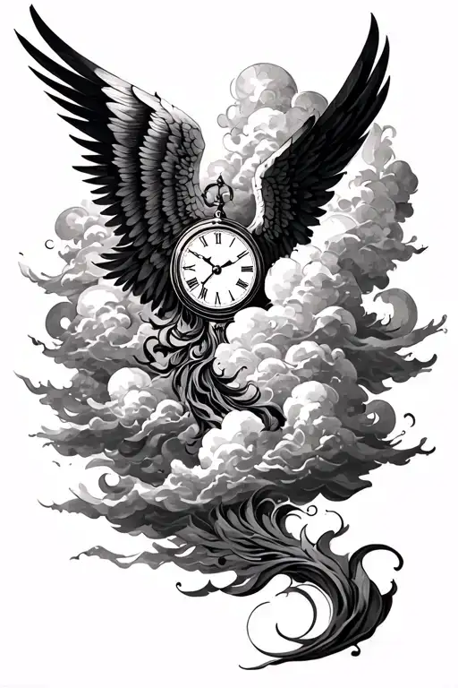 Wing, clock, clouds sleeve tattoo design idea