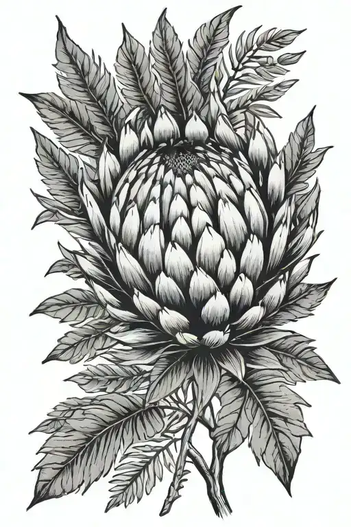 Protea and silver fern leaf tattoo design idea