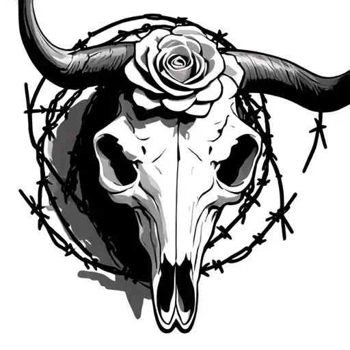 Longhorn bull skull a small rose center forehead with barbed wire wrapped around horns tattoo design idea