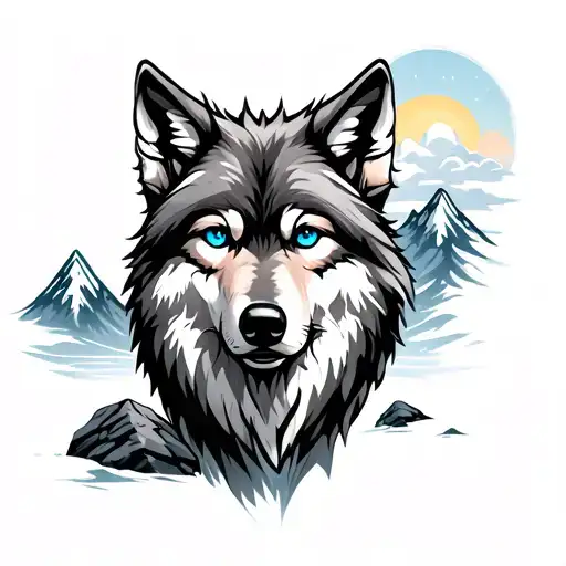 wolf with blue eyes mountains and rocks and clouds  tattoo design idea