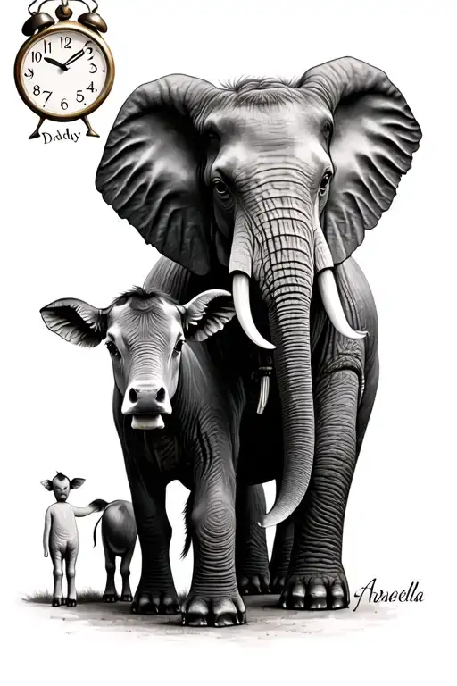 hyper realistic elephant and a calf and handwritten by a child Daddy & Arabella with a clock showing 11:03 tattoo design idea