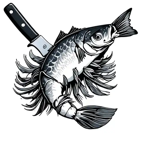 whole salmon prawns with butcher knife tattoo design idea