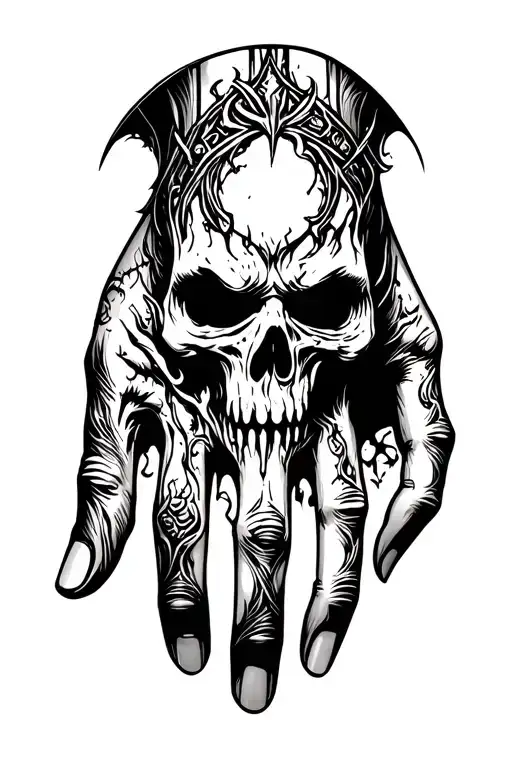 A black and white tattoo stencil design for the top of a human hand (dorsal view). The style is dark, demonic, with dec tattoo design idea