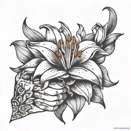 Lily flower held by baby hand tattoo tattoo design idea