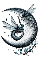 waining crescent moon, point crystals and a dragon fly tattoo design idea