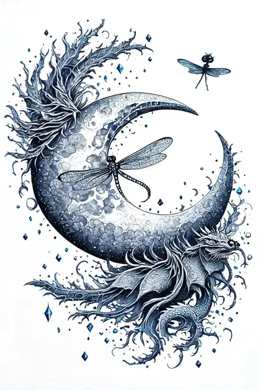 waining crescent moon, point crystals and a dragon fly tattoo design idea