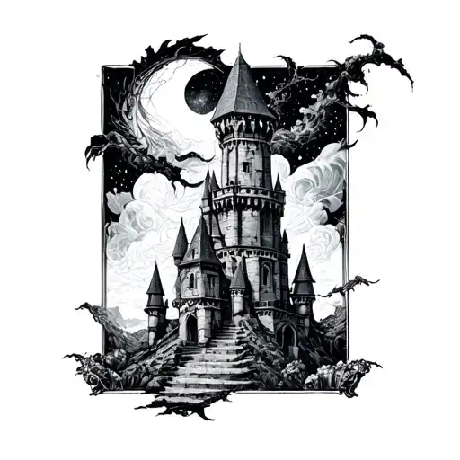 dark fantasy tower tattoo design idea