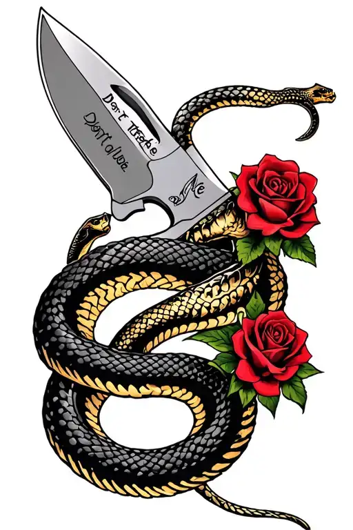 ka-bar knife with don't tread on me snake coiled and roses  tattoo design idea