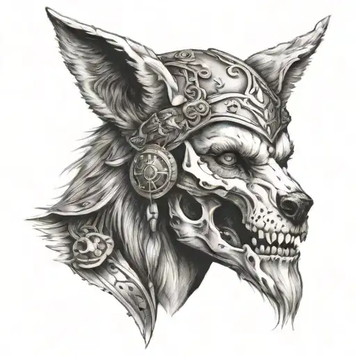 face of a valkyrie with a wolf skull on her head tattoo design idea
