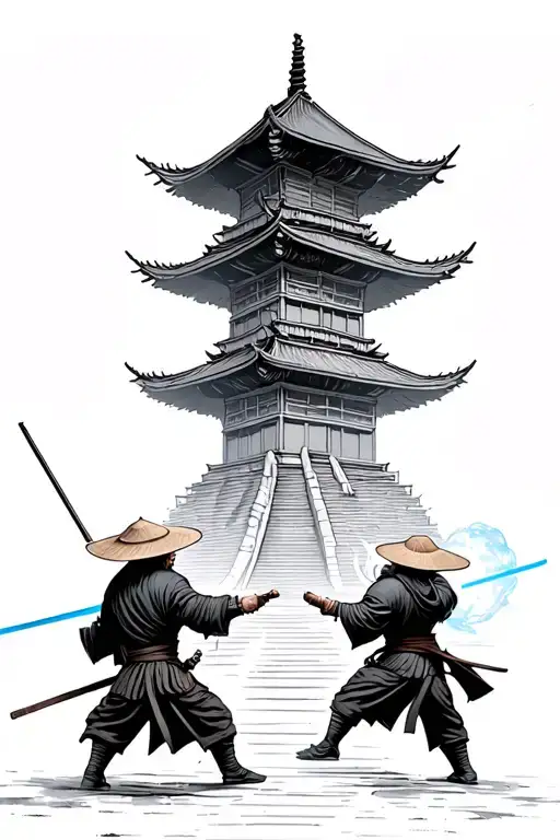 Pagoda in Reading PA with 2 Ronin Wearing Straw Hats fighting in front like Anakin and Obi Wan in Revenge of the Sith tattoo design idea