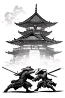 Pagoda in Reading PA with 2 Ronin Wearing Straw Hats fighting in front like Anakin and Obi Wan in Revenge of the Sith tattoo design idea