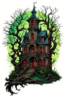 haunted mansion surrounded by twisted trees tattoo design idea