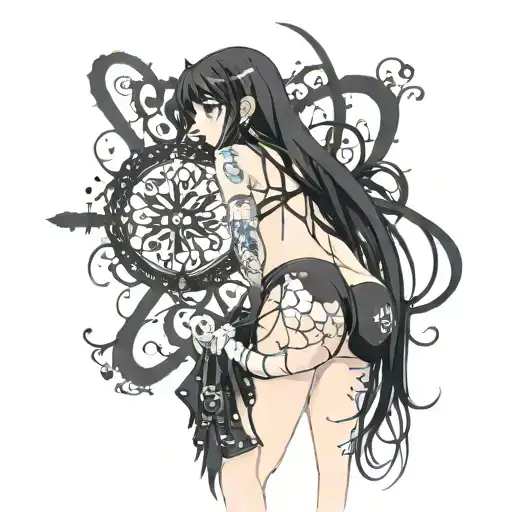 bend over,slim thick goth girl,emo, nude,sexy,lingerie,introverted,,long black hair, naked,fishnet,skirt,big butt,nails tattoo design idea
