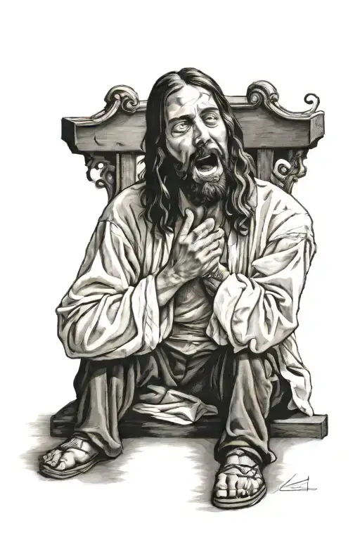 jesus crying on a stool tattoo design idea