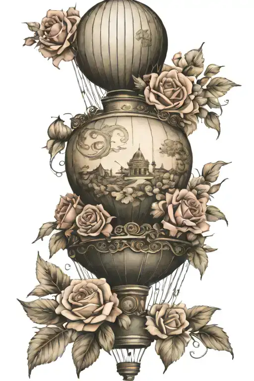 Hot air balloon lands in roses and flowers, Ballon is a south up globe  tattoo design idea