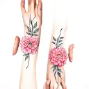 hands pinky promising and dhalias growing out of each wrist of each hand tattoo design idea