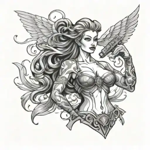 Goddess Nemesis, with a sculpted body and bare chest in a bulletproof vest tattoo design idea