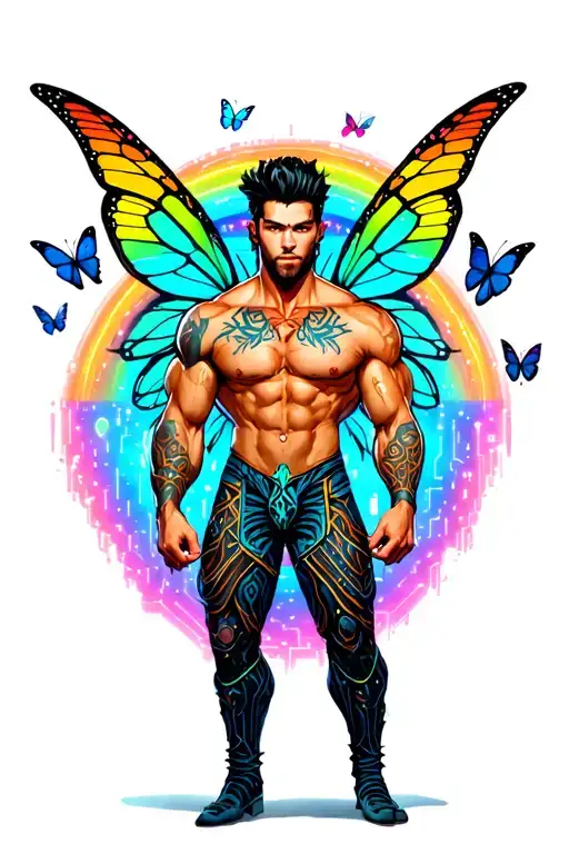 sexy adult gay male faery cartoon bodybuilder, playful, magical. Around him are butterflies, rainbows.  tattoo design idea