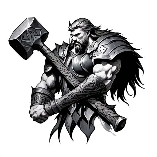 Thor forming his hammer ingraved with Runes tattoo design idea