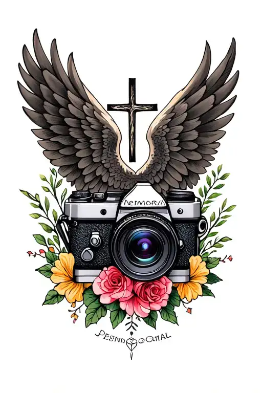 professional camera with wings like a memorial that has some masculine floral, and a cross tattoo design idea