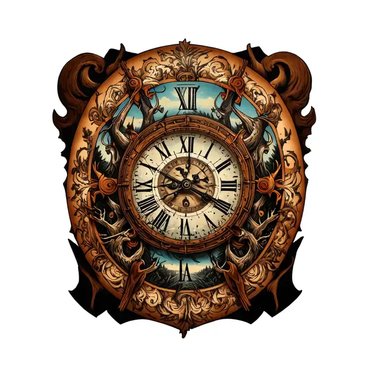 family, clock face, hunting scene tattoo design idea