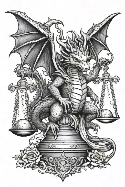 baby dragon sitting on top of scale of justice  tattoo design idea