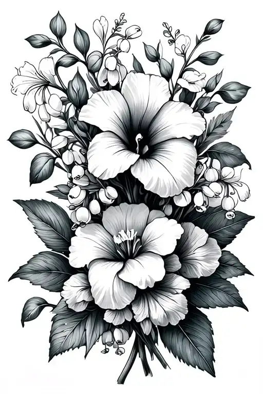 Iris, morning glory, Mary gold, peony, lilly of the valley, hawthorn bouquet fine line  tattoo design idea