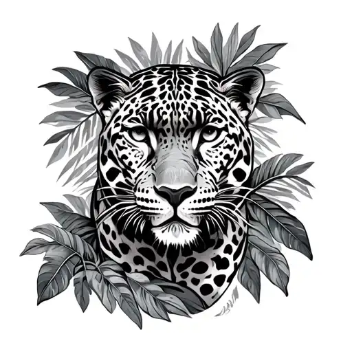 Jaguar in the Rainforest with jungle leaves intertwined tattoo design idea
