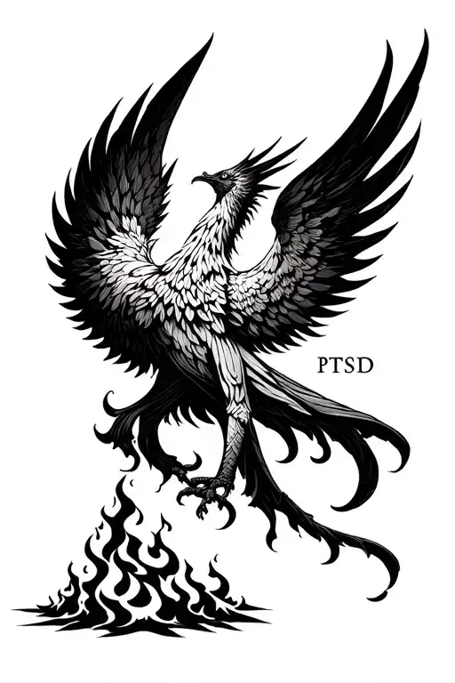 Phoenix rising from ashes symbolizing overcoming PTSD tattoo design idea