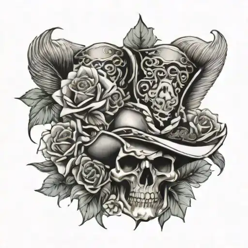 Cowboy skullBootsFlowers(roses)-feathers-vinesTurquoise Cross tattoo design idea